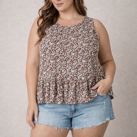 Cotton Bleu Tops - Cotton Bleu Floral Peplum Sleeveless Girly Ruffle Tank Top 2X Plus NWT Brown New